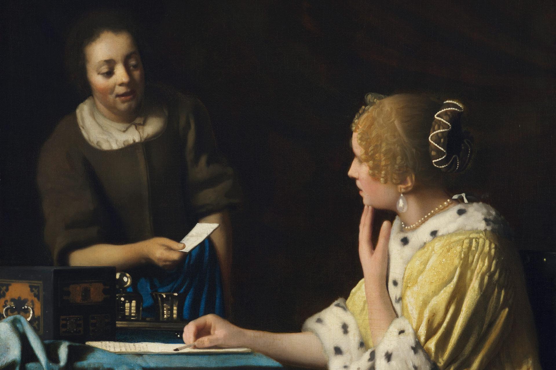 A historical painting shows a woman in a yellow dress with a fur trim seated at a table, holding her chin. A standing woman in a dark dress hands her a letter. The table has a blue cloth with items on it. The scene is dimly lit.