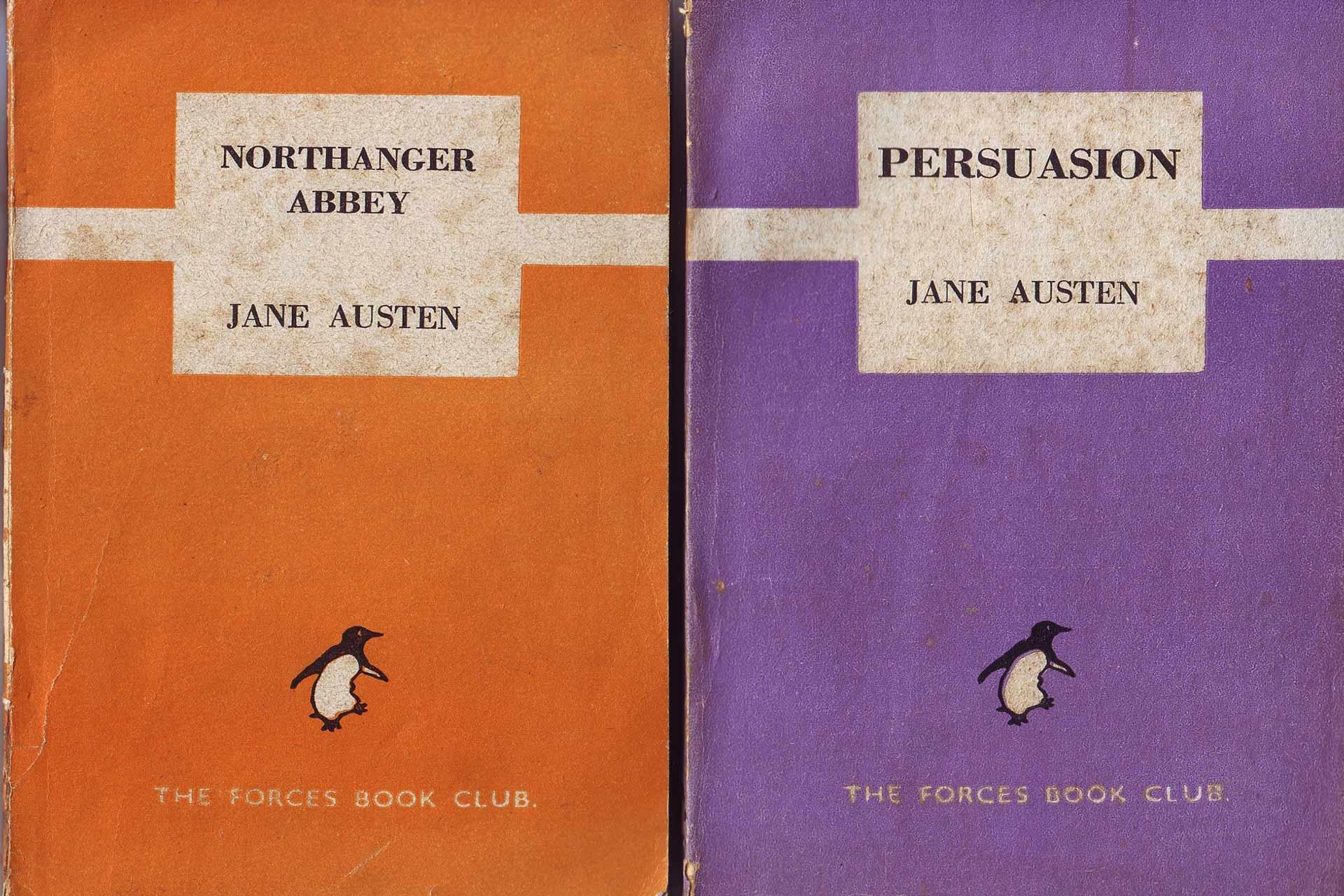 Two vintage Penguin book covers: "Northanger Abbey" in orange and "Persuasion" in purple, both by Jane Austen, featuring the Penguin logo and "The Forces Book Club" text at the bottom.