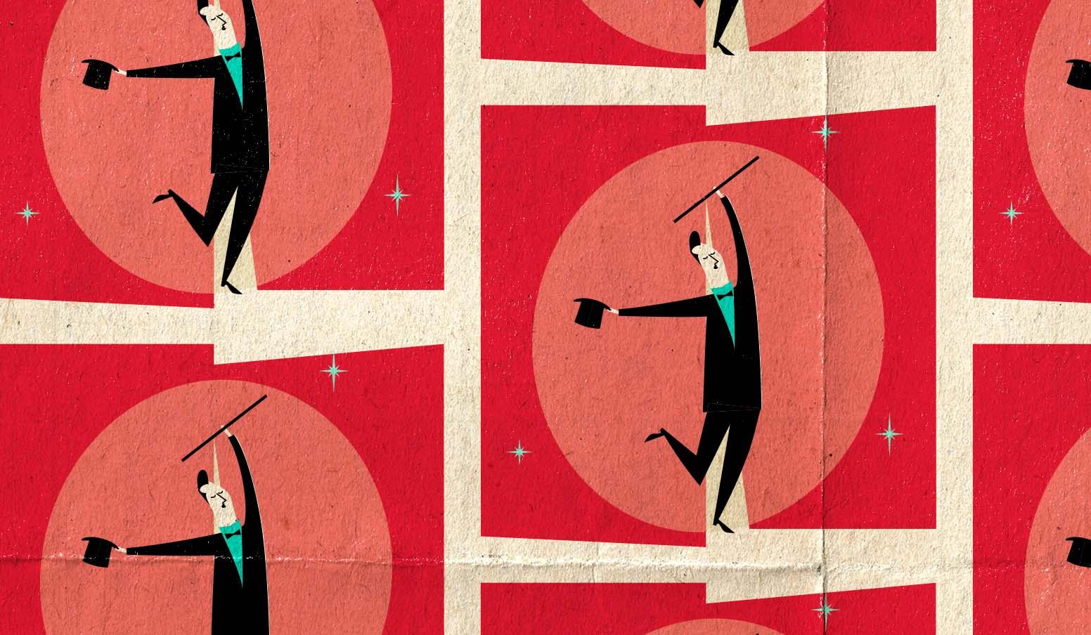 Repeating pattern of a stylized man in a suit with cane and top hat dancing on a red background with retro shapes and vintage flair.