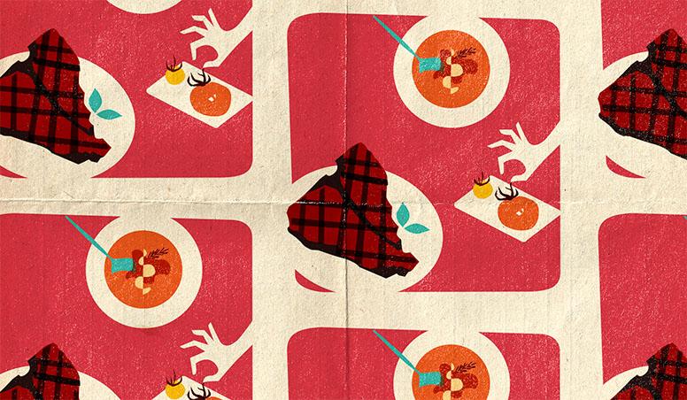 A repeating pattern of illustrated plates with steak, shrimp, and vegetables, alongside hands reaching for food. The background alternates between red and beige rectangles.